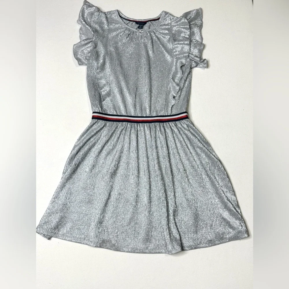 Tommy Hilfiger Girls Silver Metallic Dress with Ruffle Detail Size 16